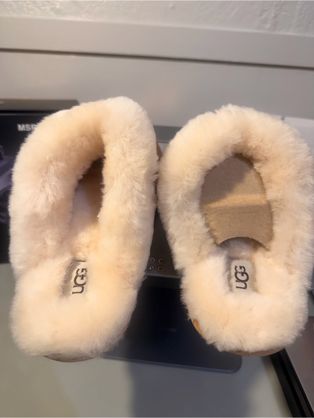 UGG Tan Suede Slip-On Sheepskin Slippers with Cream Lining - Picture 4 of 6